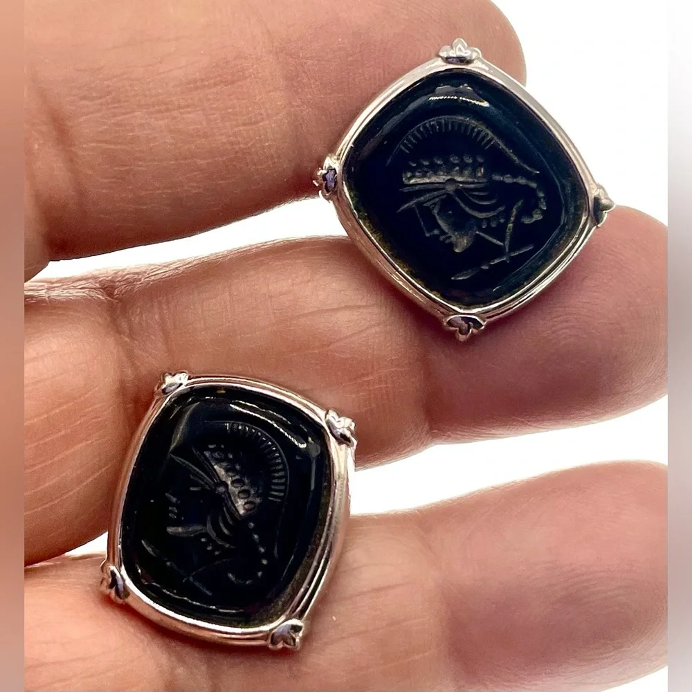 Vintage Silver Tone Black Intaglio Roman Soldier Warrior Cufflinks Tie Clip Set